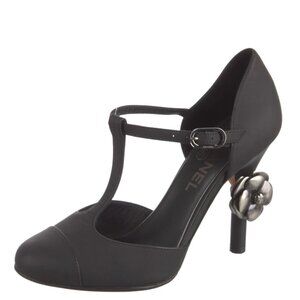 Chanel Mary Jane Camellia CC Logo T-Strap Black Leather Pumps